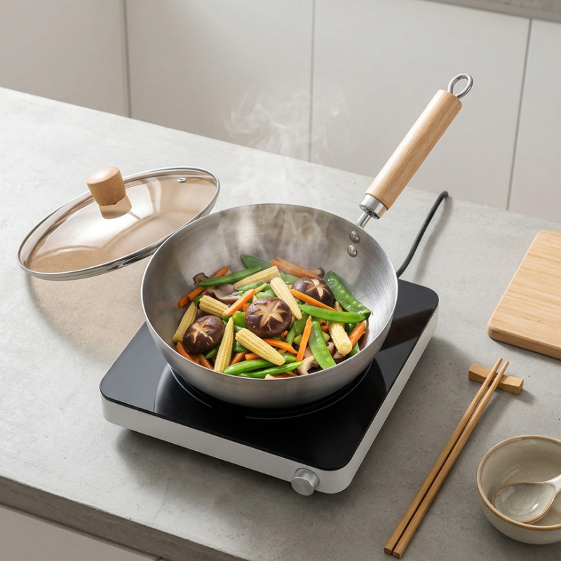 Le Nuriko rvs wok 20 cm ergonomisch handvat in hand gehouden