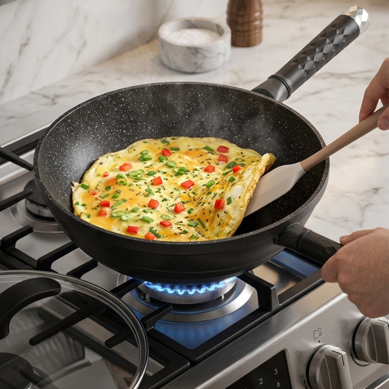 Le Takino zwart aluminium wok met deksel antiaanbaklaag close-up