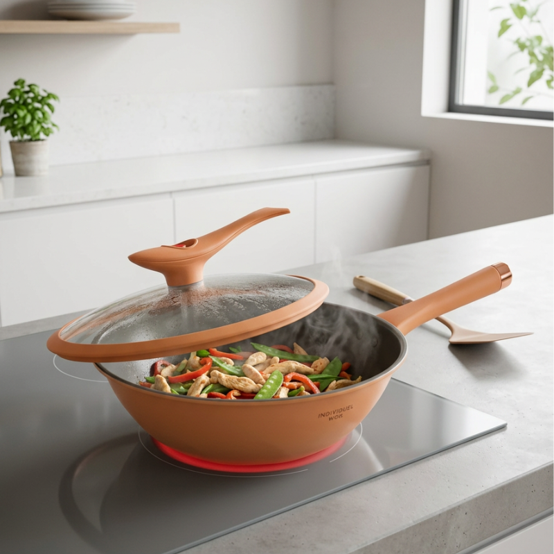 Le Mitano wok met deksel 32 cm bovenaanzicht met deksel erop