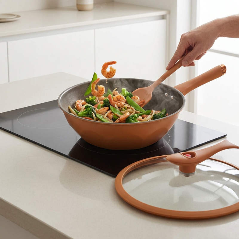 Le Mitano binnenkant coating wok met deksel 32 cm close-up