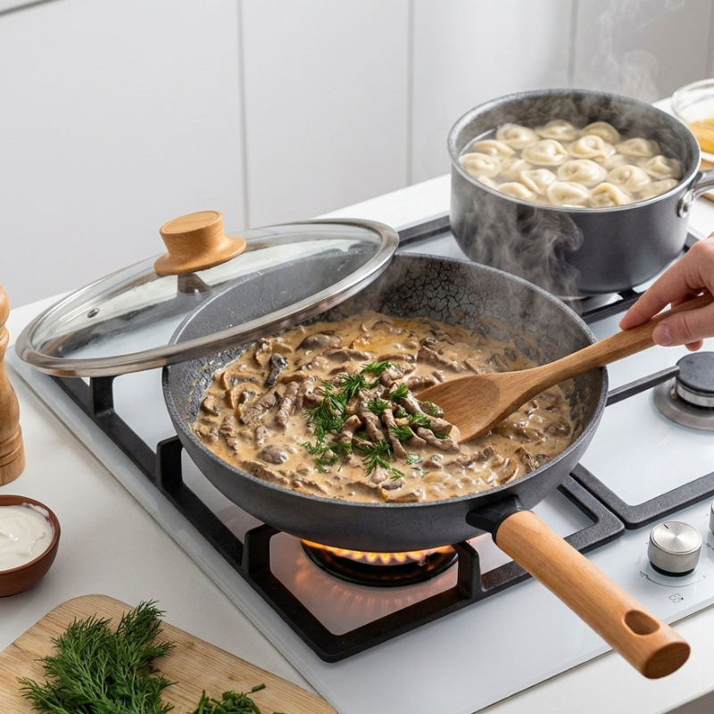 Le Kuroha koolstofstaal wok inductie zijprofiel close-up