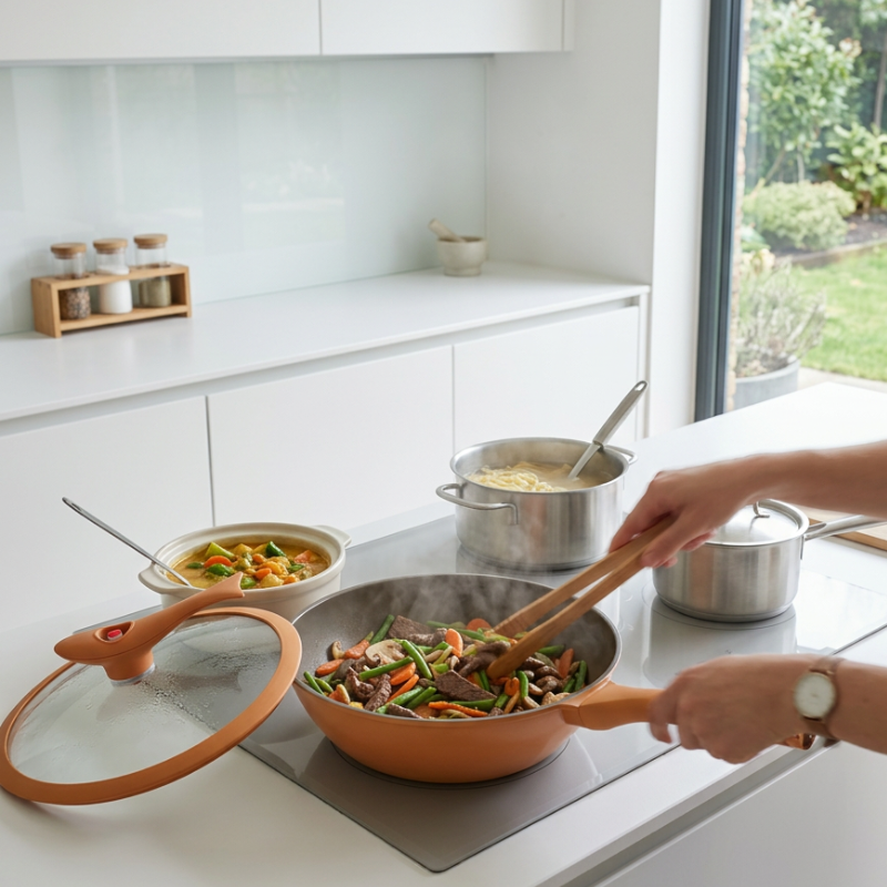 Le Mitano wok met deksel 32 cm zijaanzicht staand op aanrecht