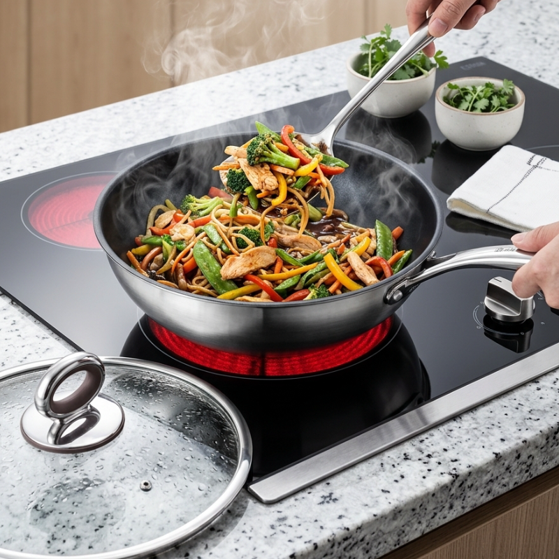 Le Tsumio rvs titanium wok verpakking en meegeleverde accessoires