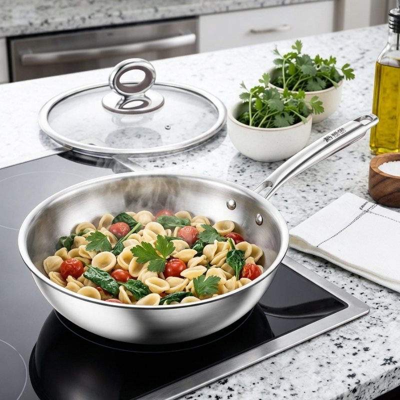 Le Tsumio handvat detail rvs titanium wok ergonomisch ontwerp