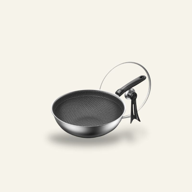 Le Hiuchi rvs wok 32 cm honingraat patroon vooraanzicht