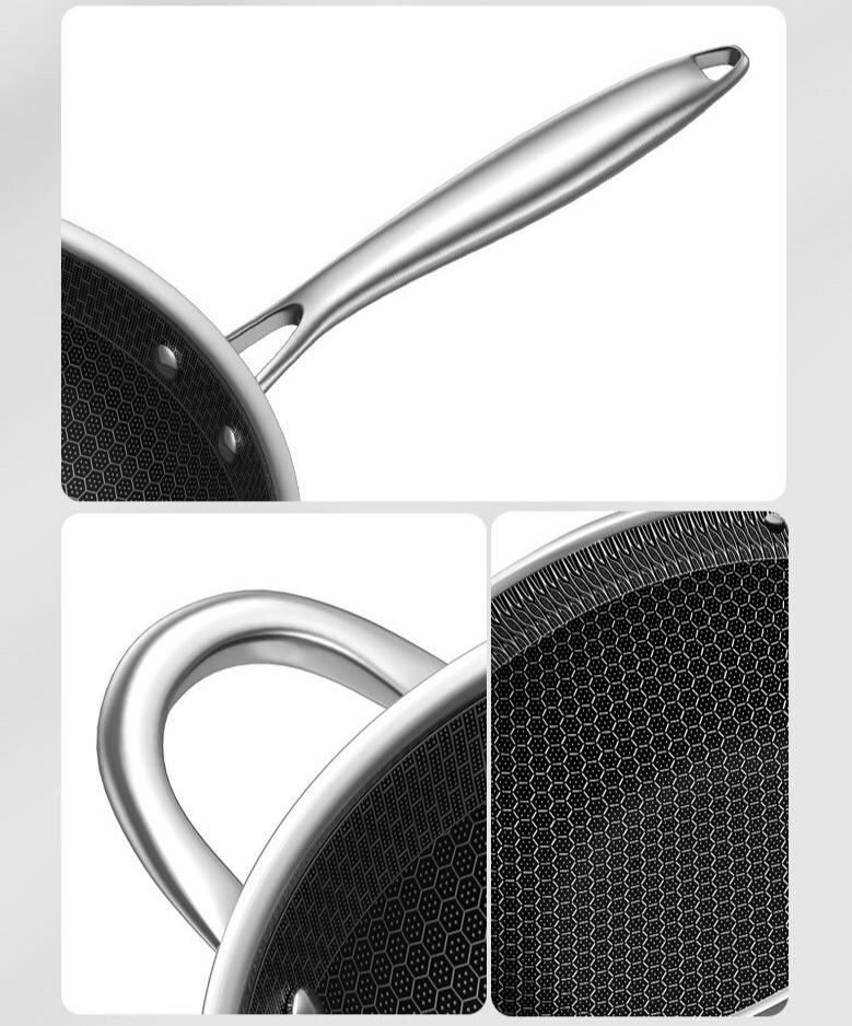 Le Hiuchi rvs wok 32 cm honingraat met antiaanbaklaag detail