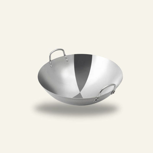 Le Hotaka rvs wok 30 cm twee handgrepen vooraanzicht totaaloverzicht
