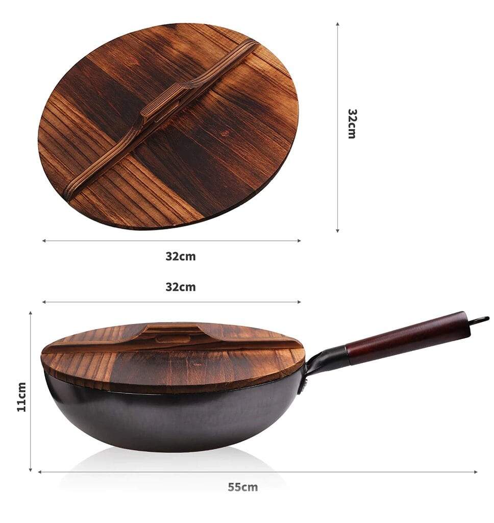 Le Miguri koolstofstaal wok met houten deksel en volledige verpakking