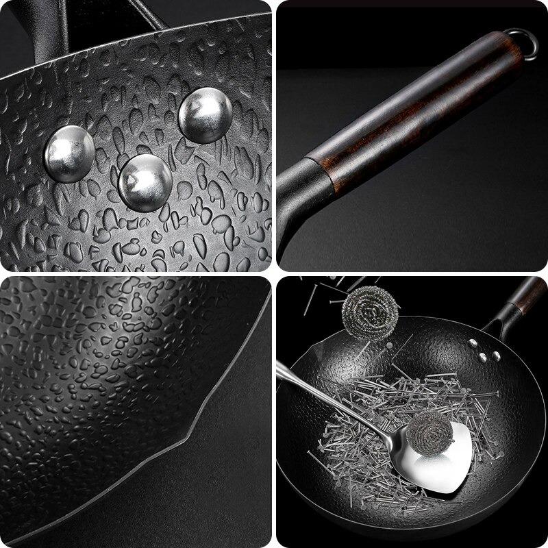 Le Norikura gehamerd koolstofstaal wok 32 cm detailopname van gehamerd oppervlak