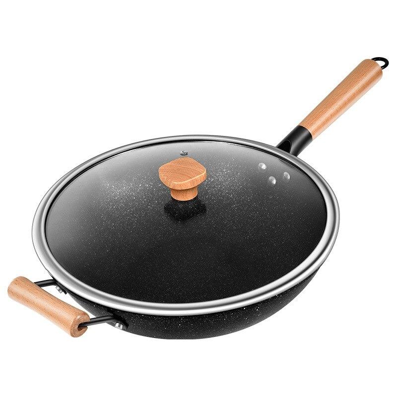 Le Poroshiri zwart antiaanbak wok met deksel vooraanzicht