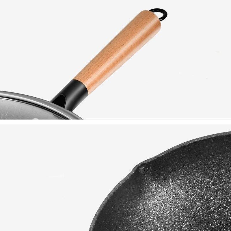 Le Poroshiri zwart antiaanbak wok met deksel schuin zijaanzicht detail