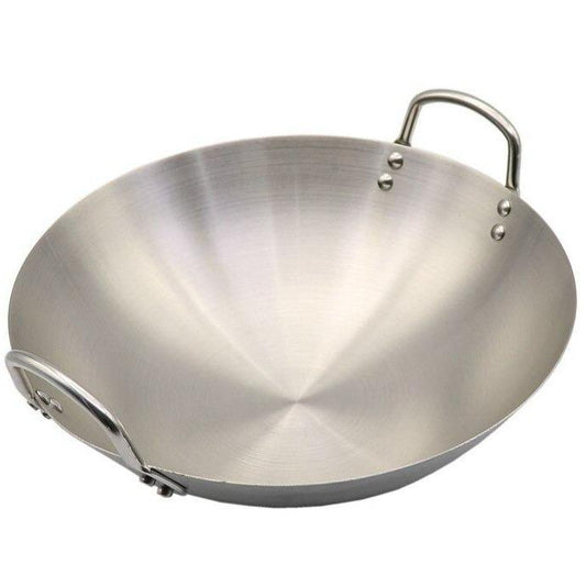 Le Tate grote rvs wok vooraanzicht met hoge wanden en lange steel