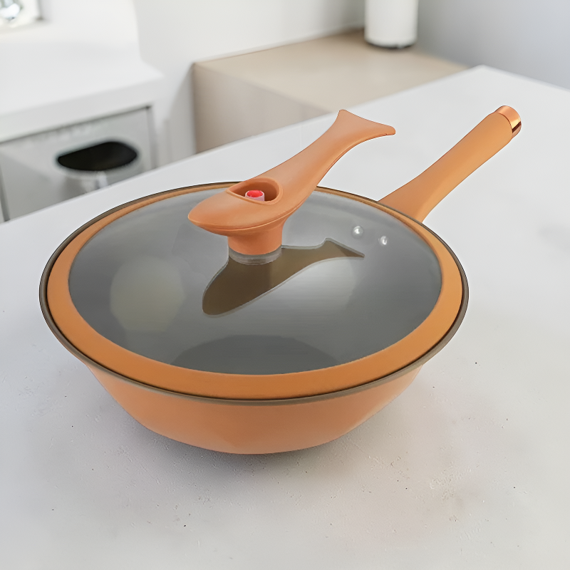 Le Mitano detailopname handvat en glazen deksel wok met deksel 32 cm