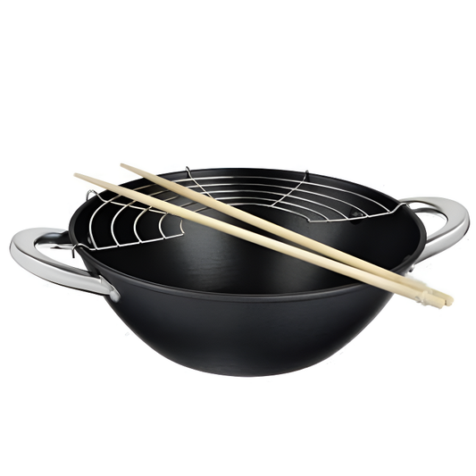 Le Nantai koolstofstaal wok met 2 handgrepen vooraanzicht