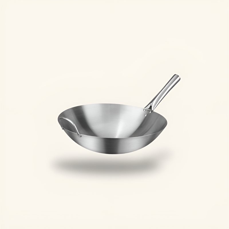 Le Asama rvs wok 32 cm vooraanzicht met ronde bodem en rechte steel