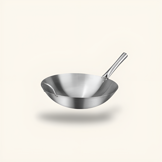 Le Asama rvs wok 32 cm vooraanzicht met ronde bodem en rechte steel