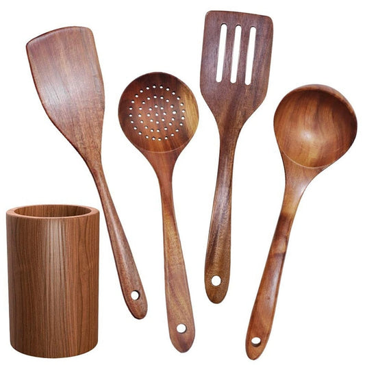 Le Hirana houten wok keukengerei set – vooraanzicht complete set