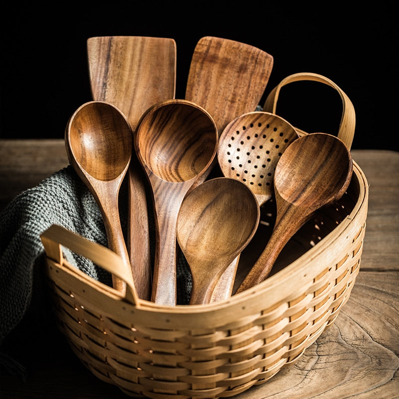 Le Sukano houten wok spatel – decoratieve opstelling keukenblad