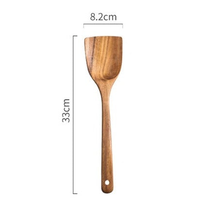 Le Sukano houten wok spatel – close-up van het spatelhoofd