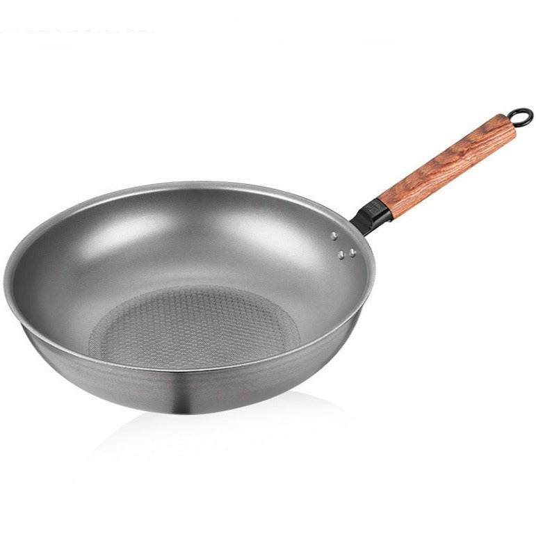 Le Homika rvs wok houten handvat vooraanzicht volledig product