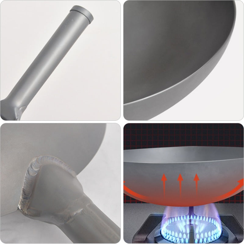 Le Sanji ronde bodem wok handvat detail en staalstructuur close-up