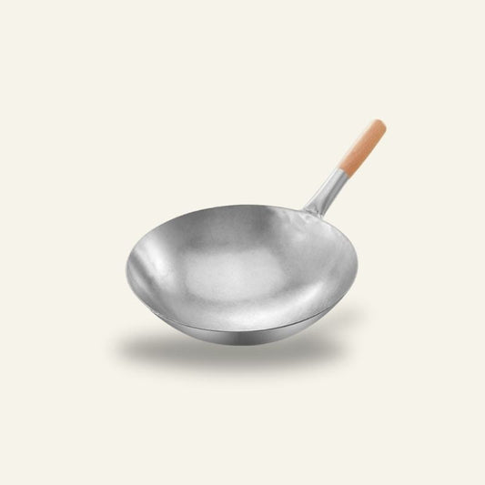 Le Benkoa koolstofstaal rondbodem wokpan – vooraanzicht volledig product