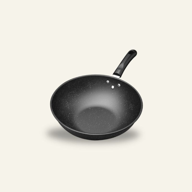 Le Lanska zwart koolstofstaal wok vooraanzicht met platte bodem