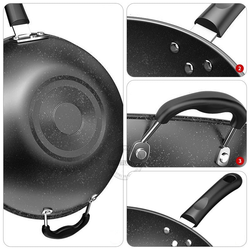 Le Lanska zwart koolstofstaal wok detail afwerking en handvat